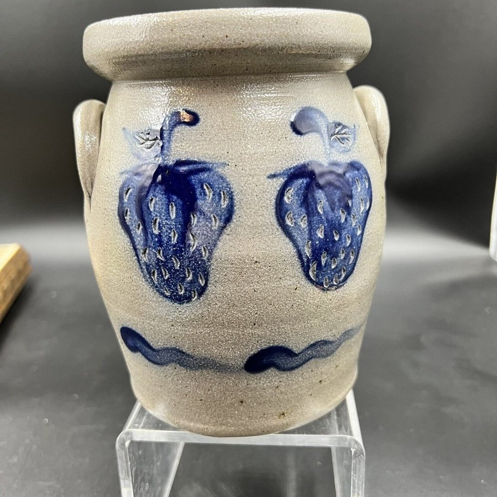 Rowe Pottery Works Small Canister  NO LID Salt Glazed Cobalt Strawberries 1994